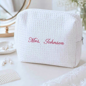 Personalized Mrs Last Name Spa Bag, Embroidered Waffle Makeup Bag, Bridesmaid Makeup Bag, Bridal Shower Gift