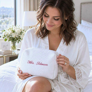 Personalized Mrs Last Name Spa Bag, Embroidered Waffle Makeup Bag, Bridesmaid Makeup Bag, Bridal Shower Gift