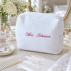 Personalized Mrs Last Name Spa Bag, Embroidered Waffle Makeup Bag, Bridesmaid Makeup Bag, Bridal Shower Gift