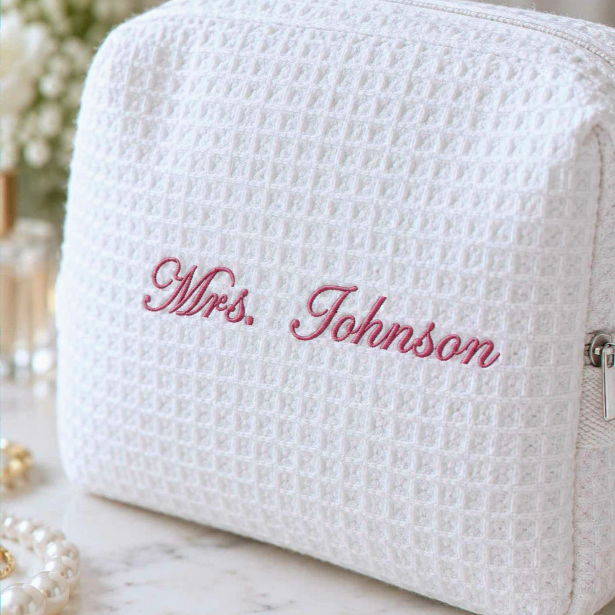 Personalized Mrs Last Name Spa Bag, Embroidered Waffle Makeup Bag, Bridesmaid Makeup Bag, Bridal Shower Gift