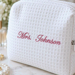 Personalized Mrs Last Name Spa Bag, Embroidered Waffle Makeup Bag, Bridesmaid Makeup Bag, Bridal Shower Gift