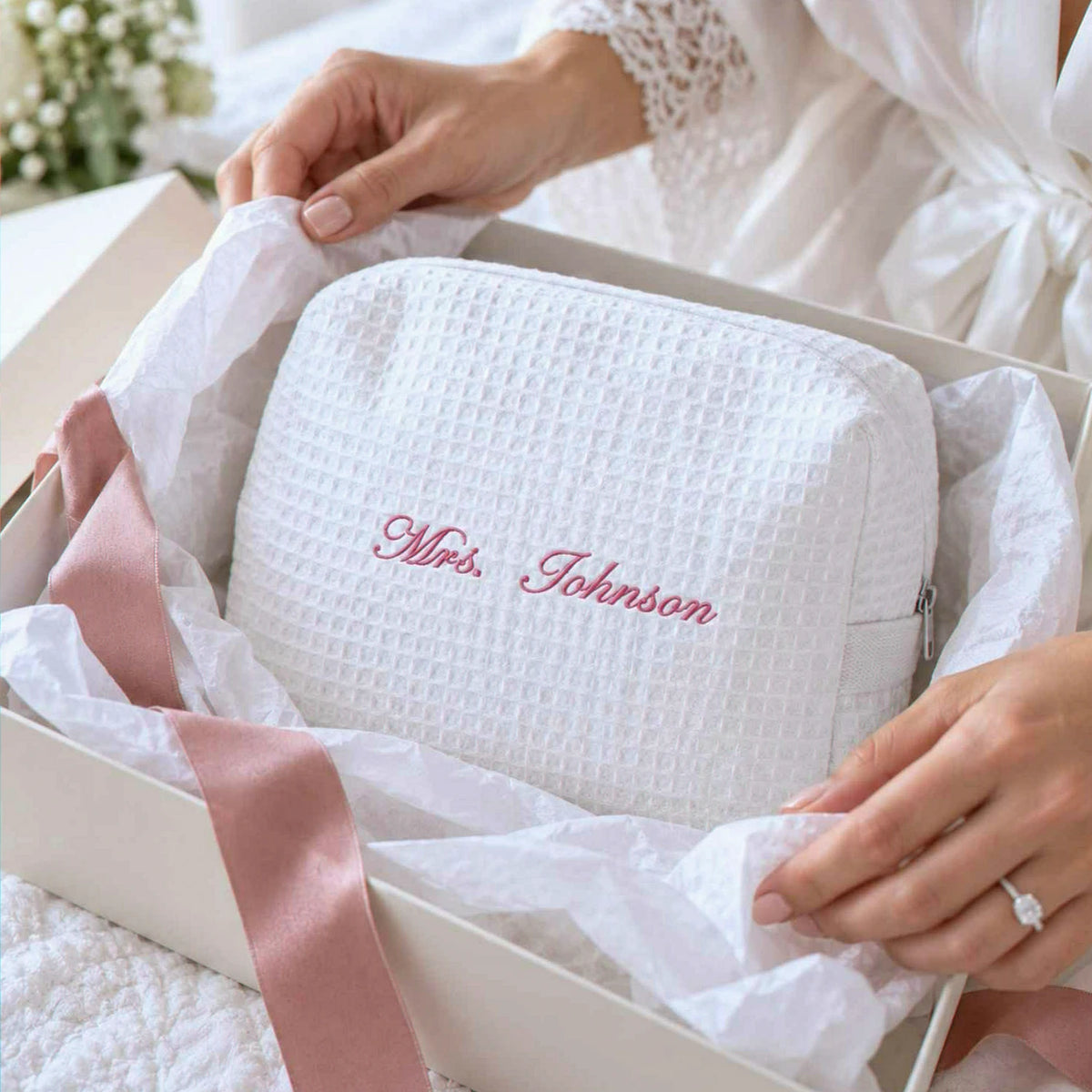 Personalized Mrs Last Name Spa Bag, Embroidered Waffle Makeup Bag, Bridesmaid Makeup Bag, Bridal Shower Gift