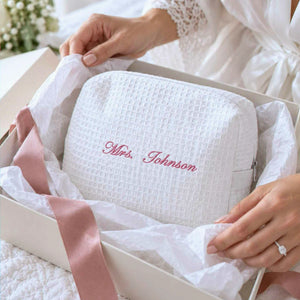 Personalized Mrs Last Name Spa Bag, Embroidered Waffle Makeup Bag, Bridesmaid Makeup Bag, Bridal Shower Gift