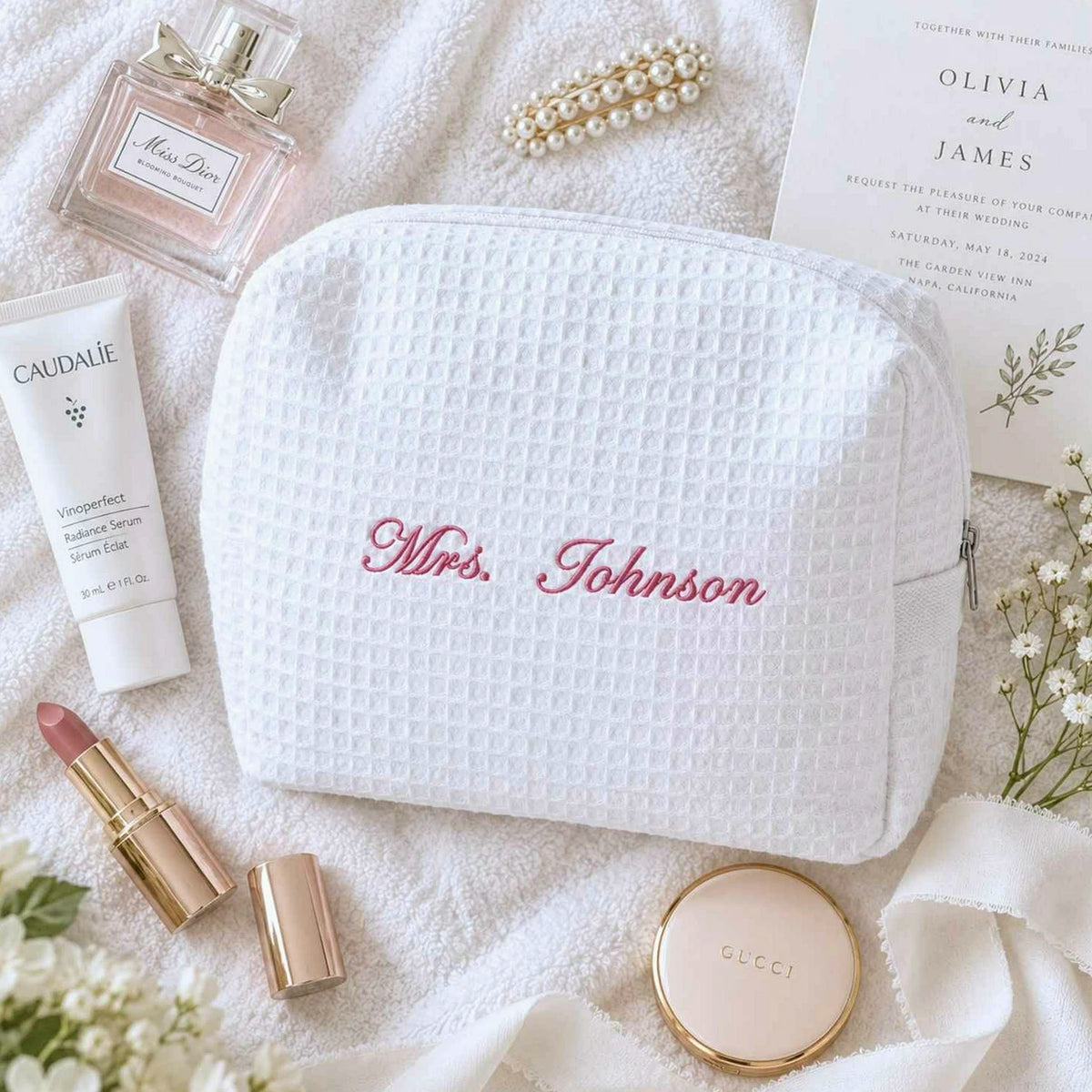 Personalized Mrs Last Name Spa Bag, Embroidered Waffle Makeup Bag, Bridesmaid Makeup Bag, Bridal Shower Gift