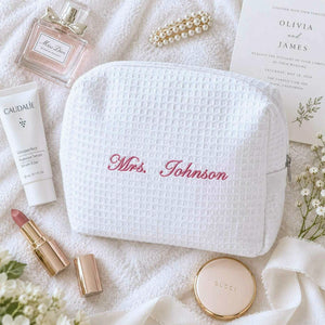 Personalized Mrs Last Name Spa Bag, Embroidered Waffle Makeup Bag, Bridesmaid Makeup Bag, Bridal Shower Gift