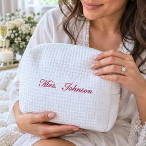 Personalized Mrs Last Name Spa Bag, Embroidered Waffle Makeup Bag, Bridesmaid Makeup Bag, Bridal Shower Gift