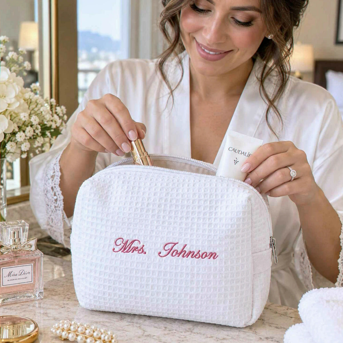 Personalized Mrs Last Name Spa Bag, Embroidered Waffle Makeup Bag, Bridesmaid Makeup Bag, Bridal Shower Gift