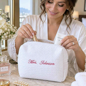 Personalized Mrs Last Name Spa Bag, Embroidered Waffle Makeup Bag, Bridesmaid Makeup Bag, Bridal Shower Gift