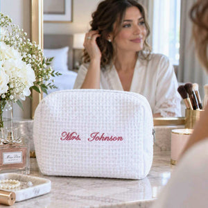 Personalized Mrs Last Name Spa Bag, Embroidered Waffle Makeup Bag, Bridesmaid Makeup Bag, Bridal Shower Gift