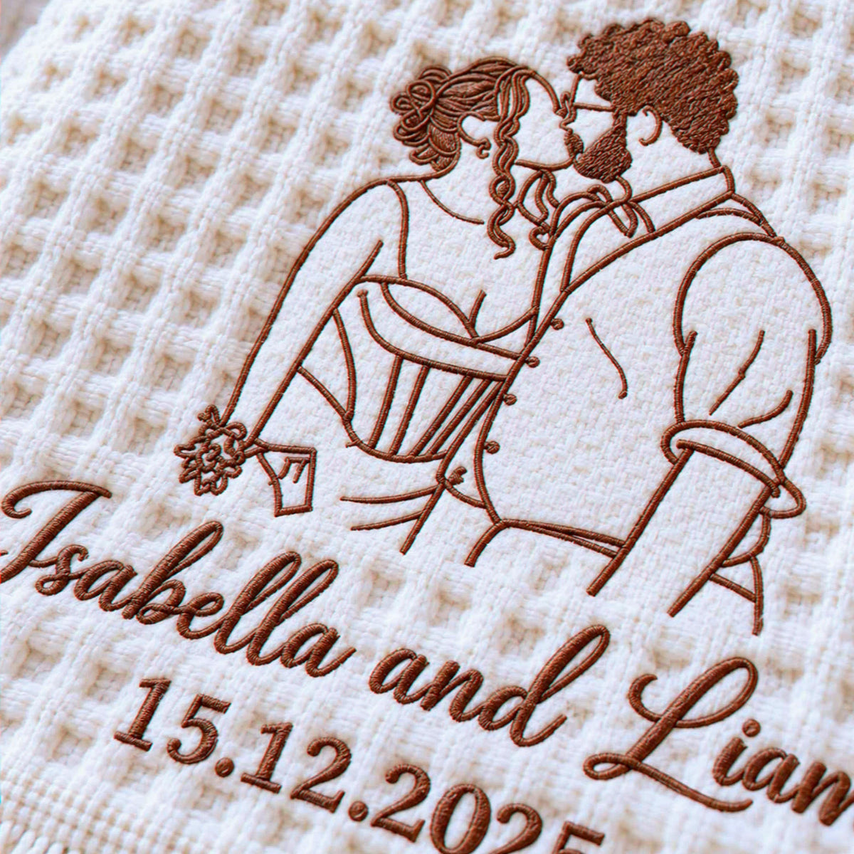 Custom His and Hers Throw Blanket, Embroidered Line Art Portrait Quilt, 1 Year Marriage Anniversary Gift for Her