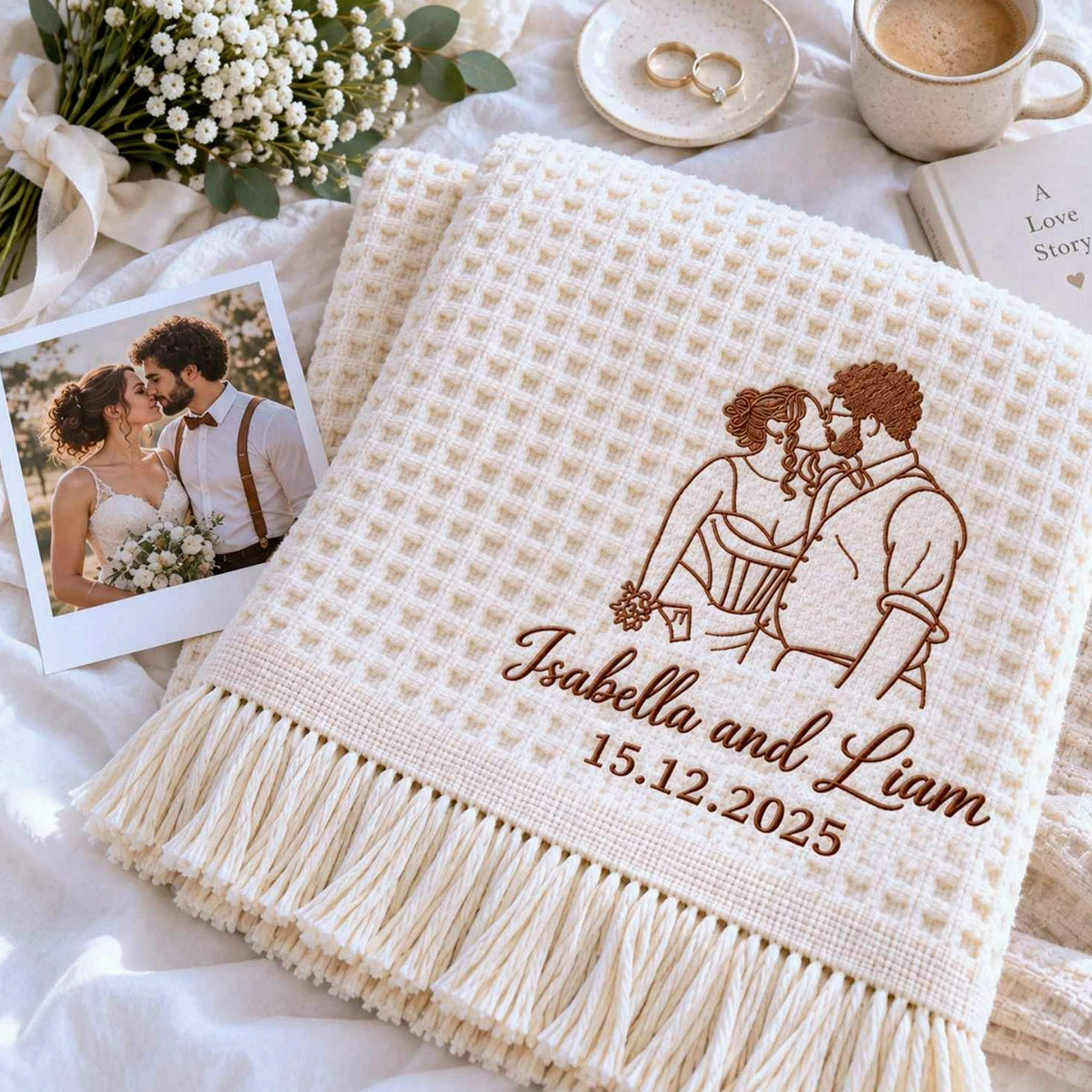 Custom His and Hers Throw Blanket, Embroidered Line Art Portrait Quilt, 1 Year Marriage Anniversary Gift for Her