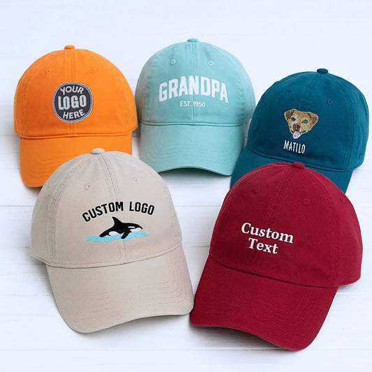 Custom embroidered hat with personalized white text on navy cap, adjustable fit