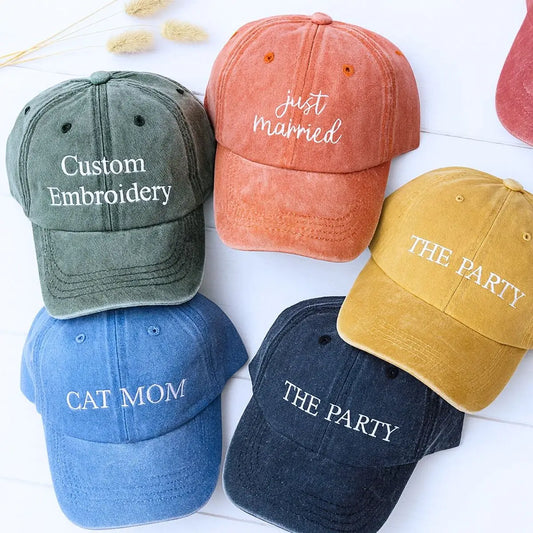 Custom embroidered hat with personalized white text on navy cap, adjustable fit