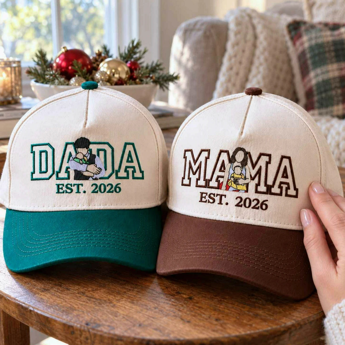 Custom Mama and Dada Portrait Snapback Hat, Embroidered Baseball Cap from Photo, Christmas Gift for Mom and Dad