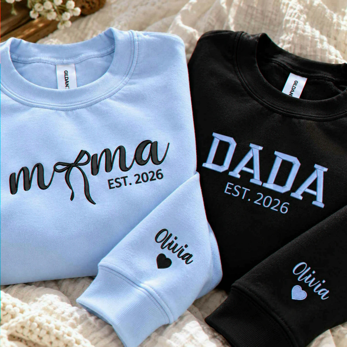 Matching Mama and Dada Sweatshirts, Embroidered Kids Name and Est Year Crewneck, Gifts for Mom and Dad