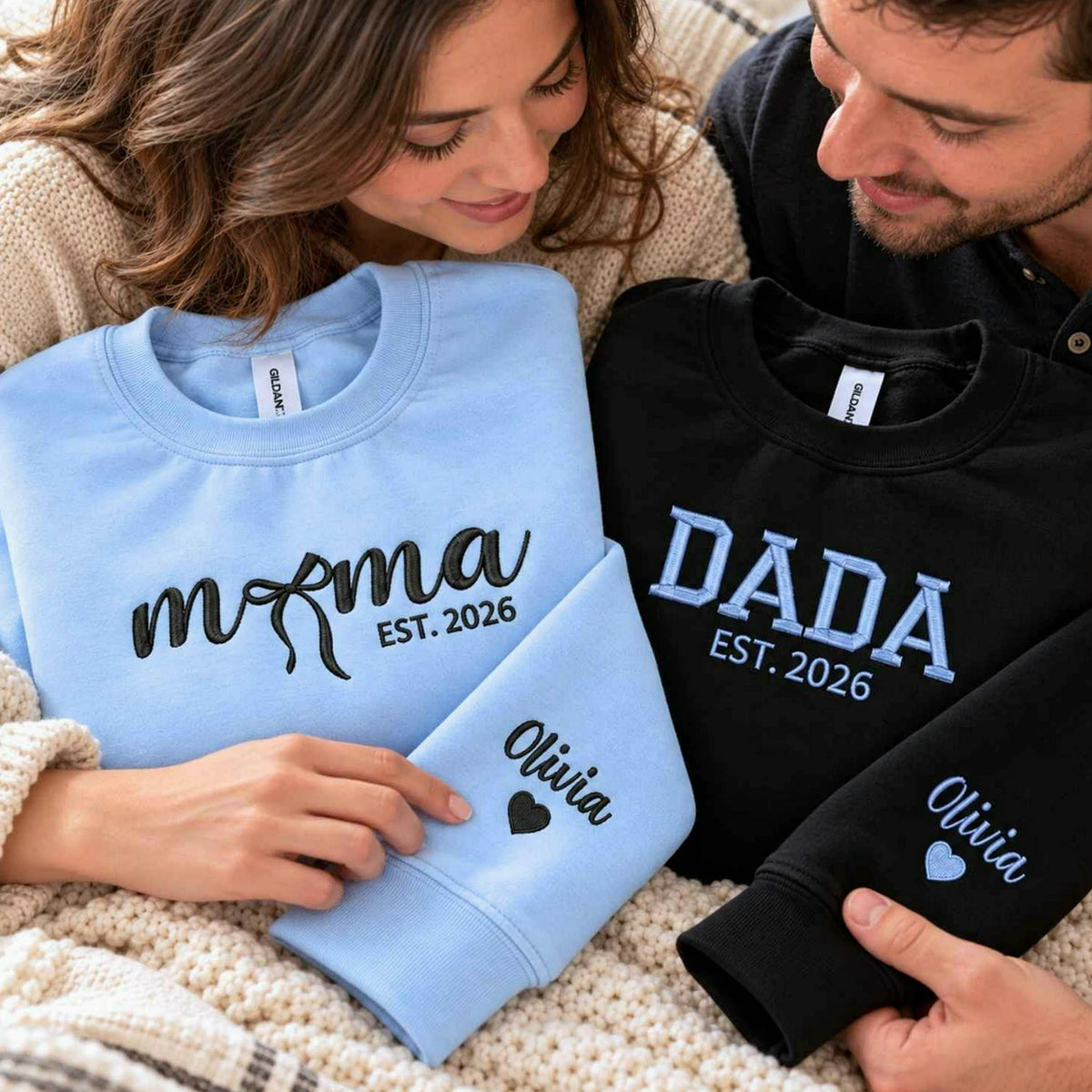 Matching Mama and Dada Sweatshirts, Embroidered Kids Name and Est Year Crewneck, Gifts for Mom and Dad