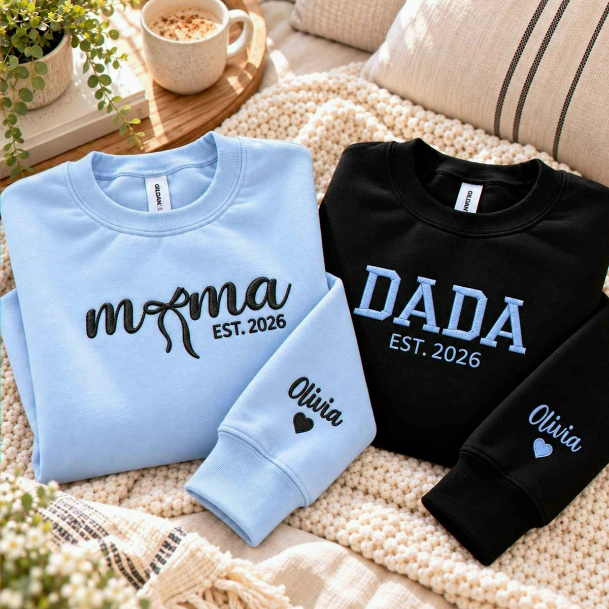 Matching Mama and Dada Sweatshirts, Embroidered Kids Name and Est Year Crewneck, Gifts for Mom and Dad