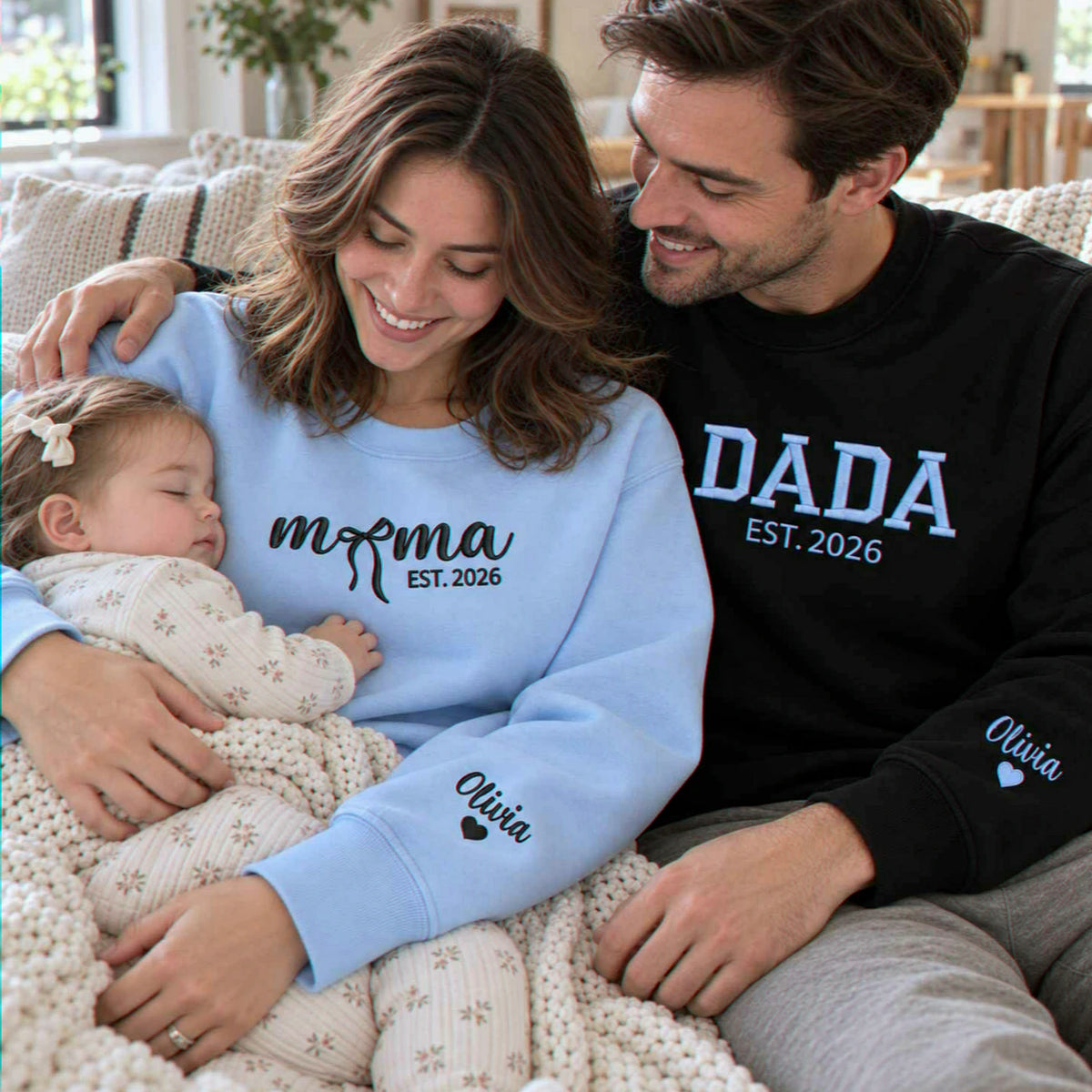 Matching Mama and Dada Sweatshirts, Embroidered Kids Name and Est Year Crewneck, Gifts for Mom and Dad