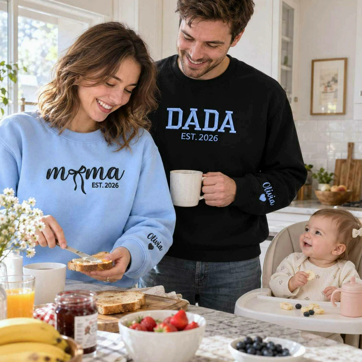 Matching Mama and Dada Sweatshirts, Embroidered Kids Name and Est Year Crewneck, Gifts for Mom and Dad