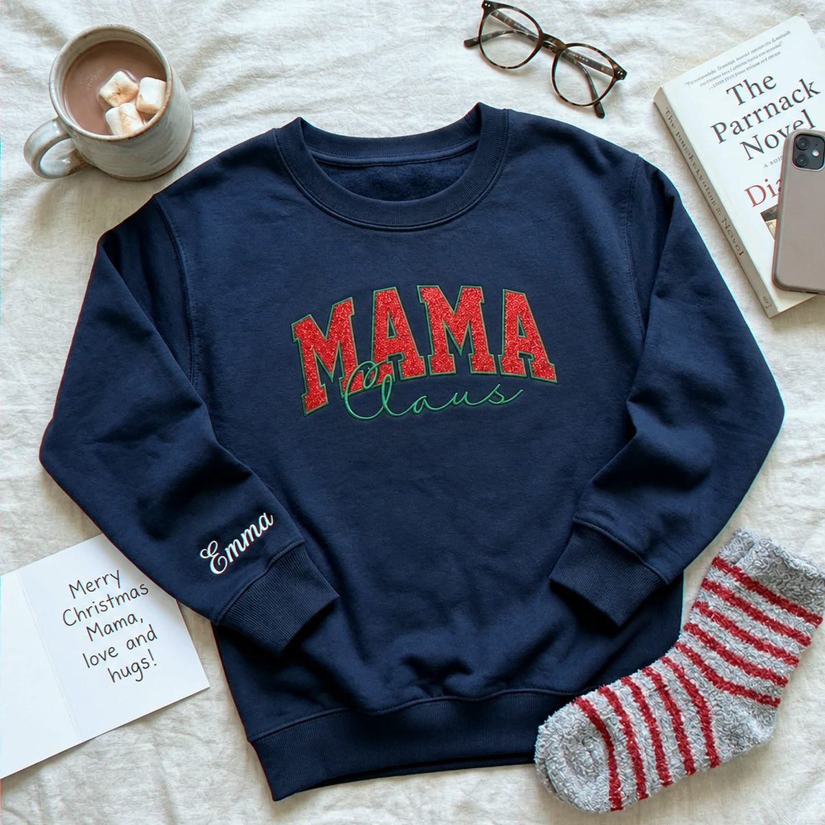Mama Claus Glitter Sweatshirt, Personalized Embroidered Christmas Applique Crewneck, Christmas Gift for Mom