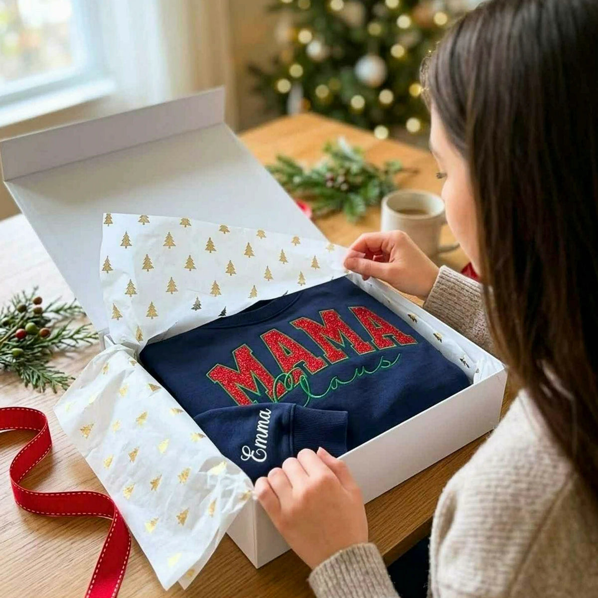 Mama Claus Glitter Sweatshirt, Personalized Embroidered Christmas Applique Crewneck, Christmas Gift for Mom