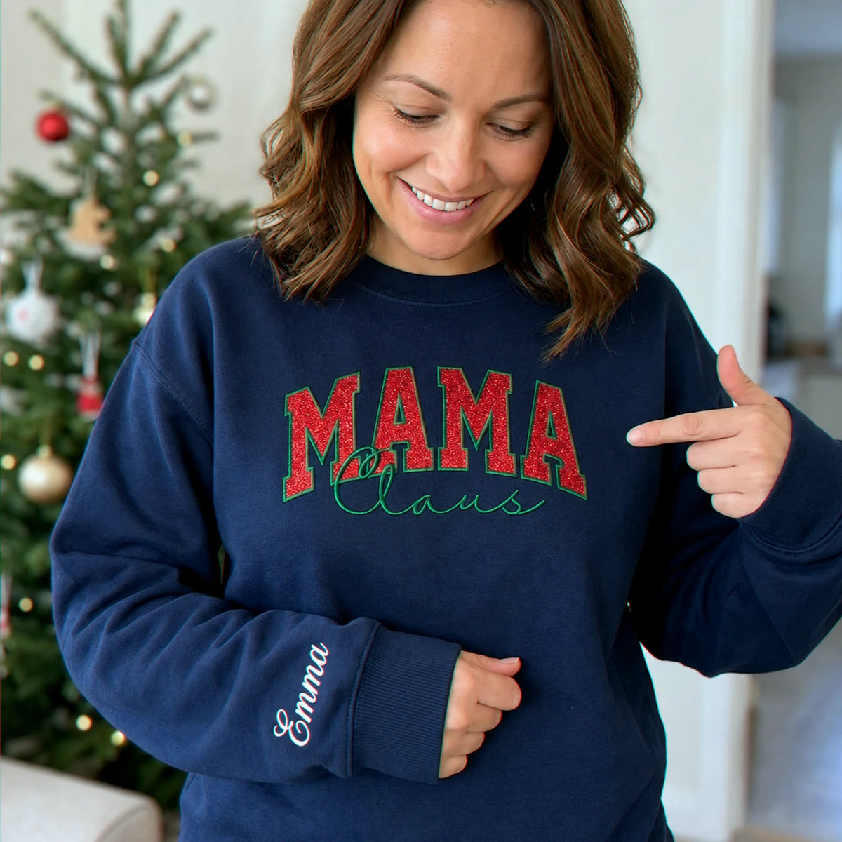 Mama Claus Glitter Sweatshirt, Personalized Embroidered Christmas Applique Crewneck, Christmas Gift for Mom