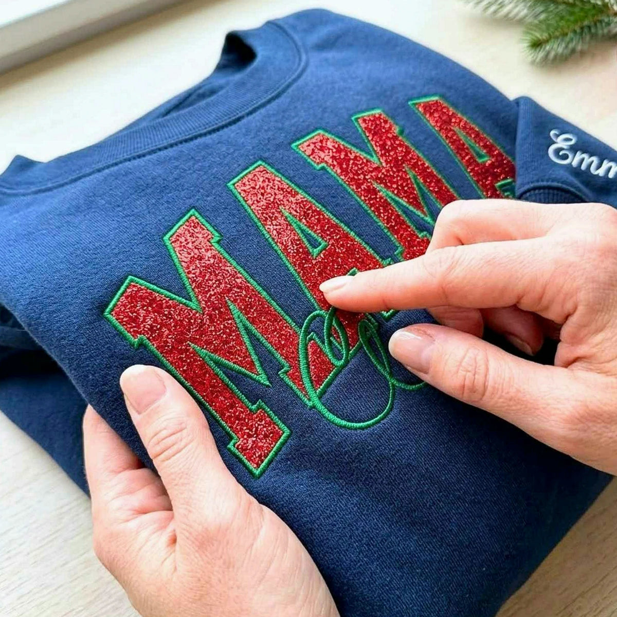 Mama Claus Glitter Sweatshirt, Personalized Embroidered Christmas Applique Crewneck, Christmas Gift for Mom