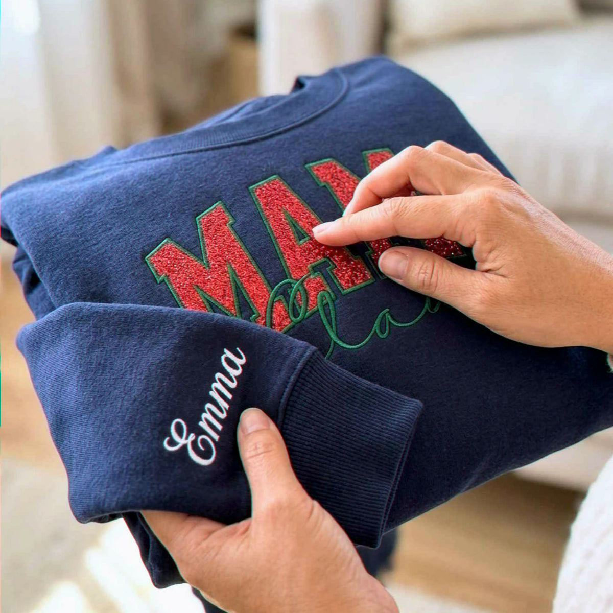 Mama Claus Glitter Sweatshirt, Personalized Embroidered Christmas Applique Crewneck, Christmas Gift for Mom