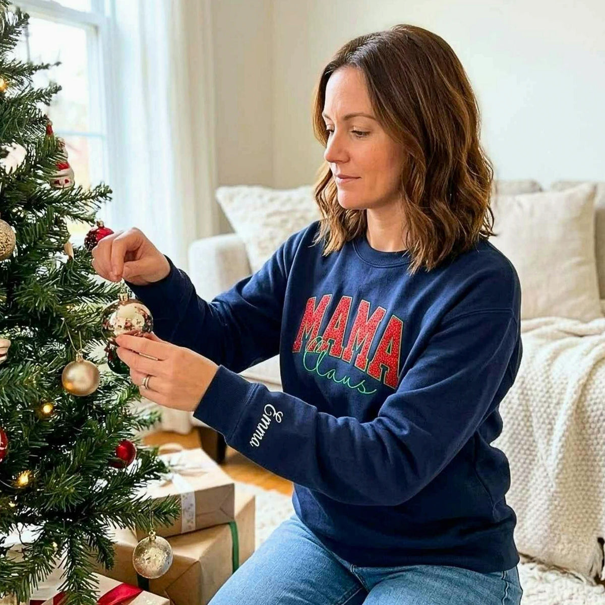 Mama Claus Glitter Sweatshirt, Personalized Embroidered Christmas Applique Crewneck, Christmas Gift for Mom