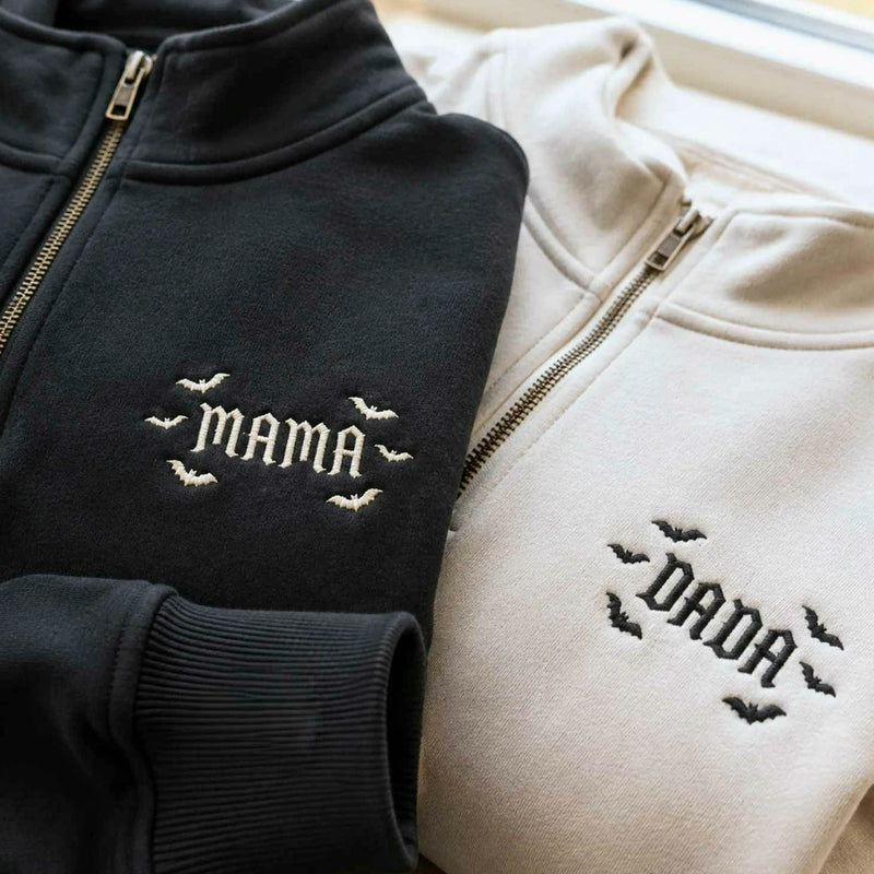 Mama and Dada Halloween Quarter Sweatshirt, Personalized Embroidered Sleeve Kids Name