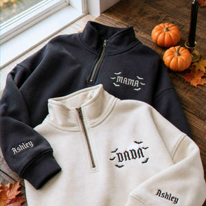 Mama and Dada Halloween Quarter Sweatshirt, Personalized Embroidered Sleeve Kids Name