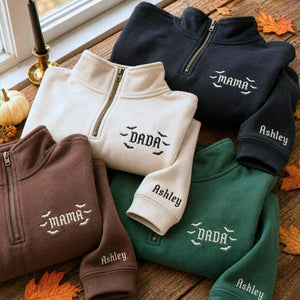 Mama and Dada Halloween Quarter Sweatshirt, Personalized Embroidered Sleeve Kids Name