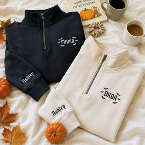 Mama and Dada Halloween Quarter Sweatshirt, Personalized Embroidered Sleeve Kids Name