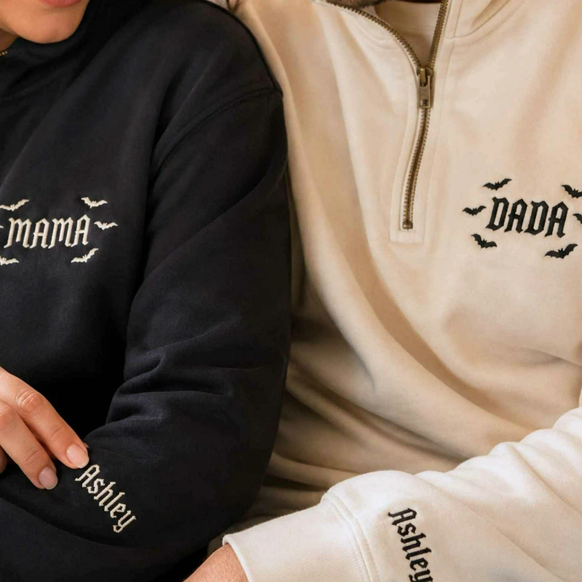 Mama and Dada Halloween Quarter Sweatshirt, Personalized Embroidered Sleeve Kids Name