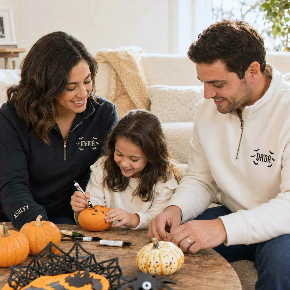Mama and Dada Halloween Quarter Sweatshirt, Personalized Embroidered Sleeve Kids Name