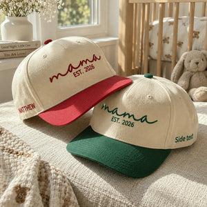 Embroidered Mama Est Snapback Hat - New Mom Gift from Sister Friend - Personalized Side Back Cap