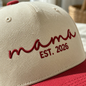 Embroidered Mama Est Snapback Hat - New Mom Gift from Sister Friend - Personalized Side Back Cap
