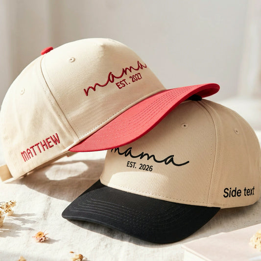 Embroidered Mama Est Snapback Hat - New Mom Gift from Sister Friend - Personalized Side Back Cap