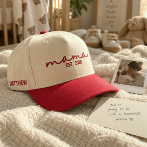 Embroidered Mama Est Snapback Hat - New Mom Gift from Sister Friend - Personalized Side Back Cap