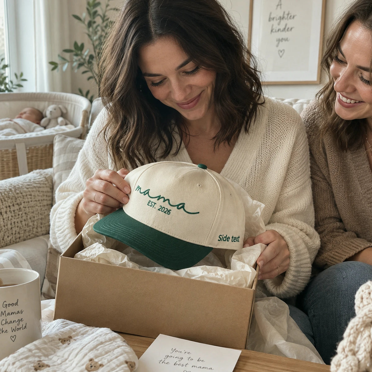 Embroidered Mama Est Snapback Hat - New Mom Gift from Sister Friend - Personalized Side Back Cap