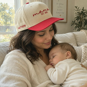 Embroidered Mama Est Snapback Hat - New Mom Gift from Sister Friend - Personalized Side Back Cap