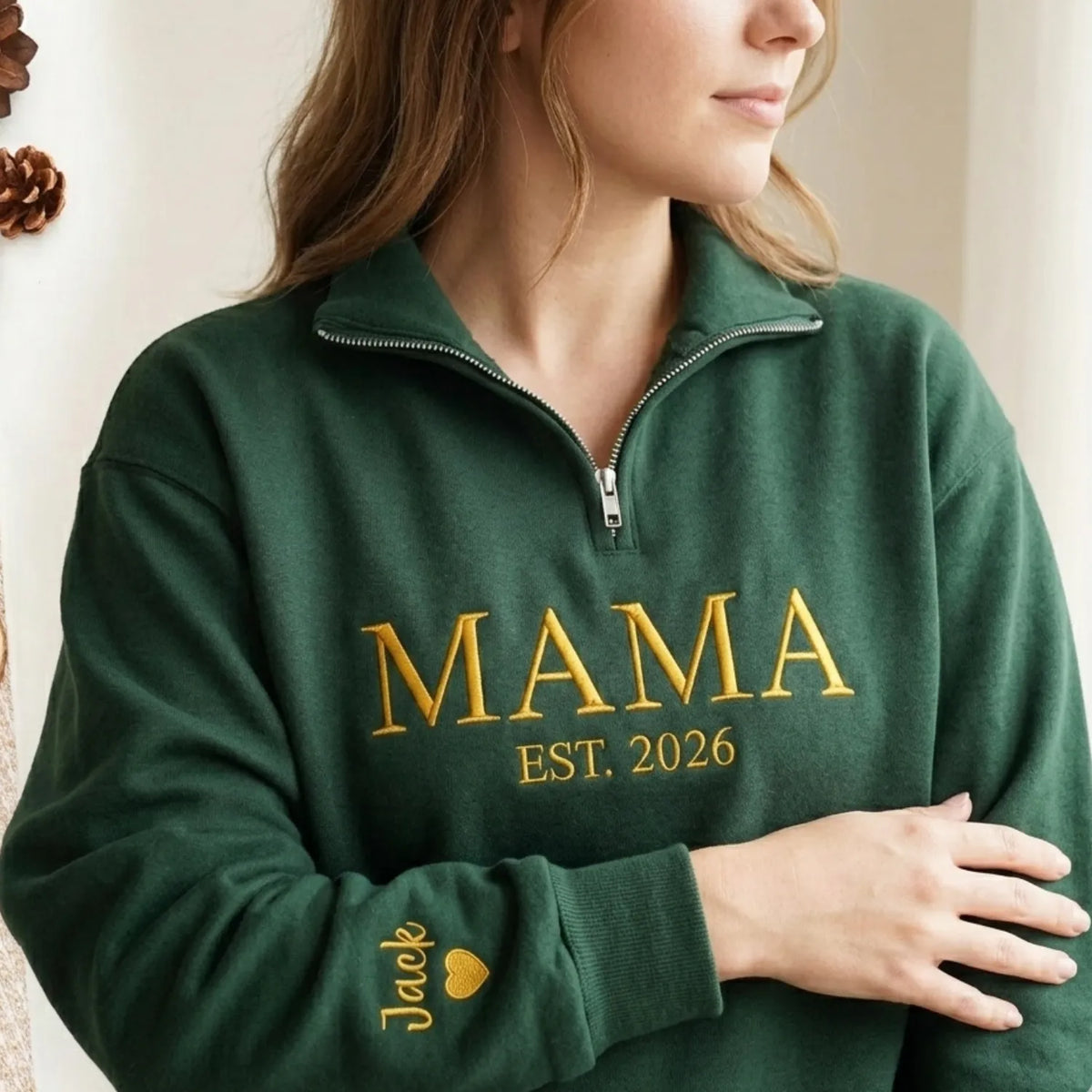 Personalized Mama Quarter Zip Sweatshirt for Mom Friend - Embroidered Gift for Mother's Day, Birthday