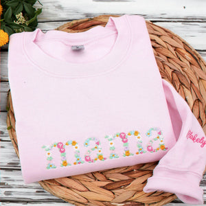 Embroidered Floral Mama Sweatshirt with Kids Name, Custom Mom or Grandma, Gigi, Nana Gift