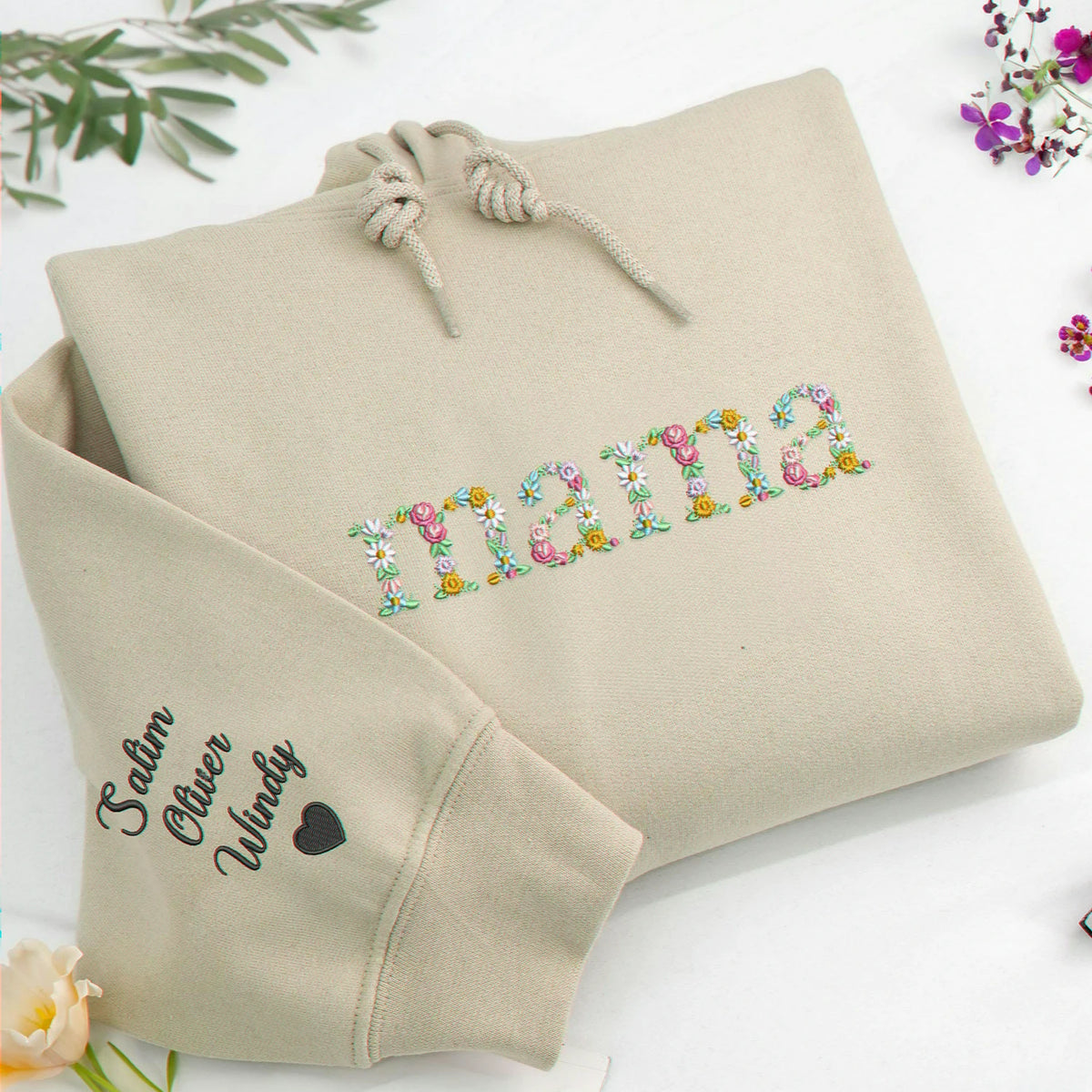 Embroidered Floral Mama Sweatshirt with Kids Name, Custom Mom or Grandma, Gigi, Nana Gift