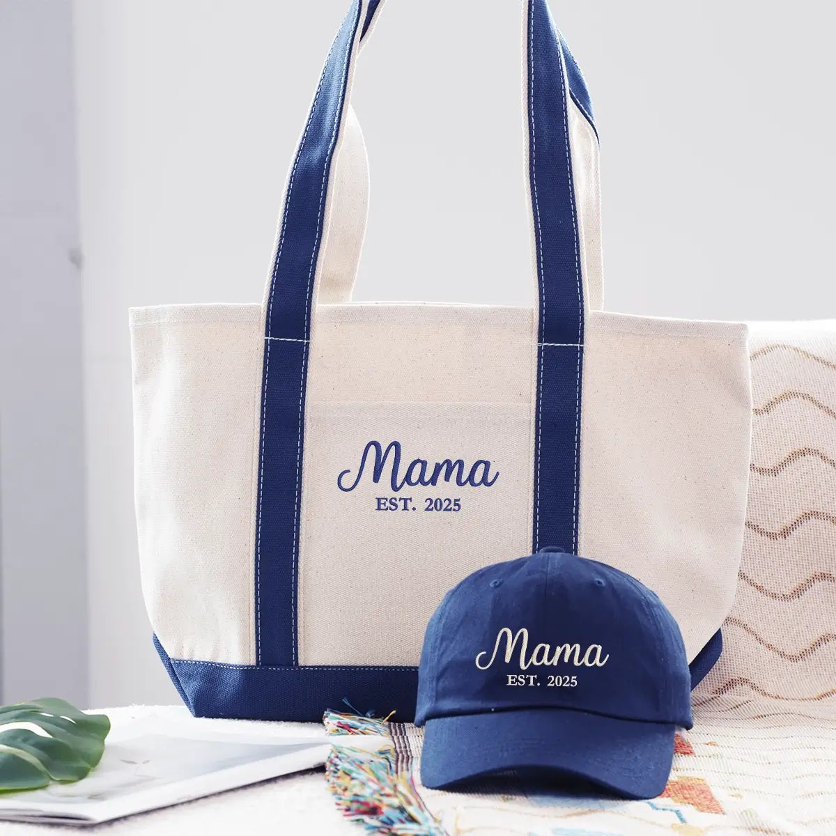 Embroidered mama hat and canvas tote bag gift set for moms