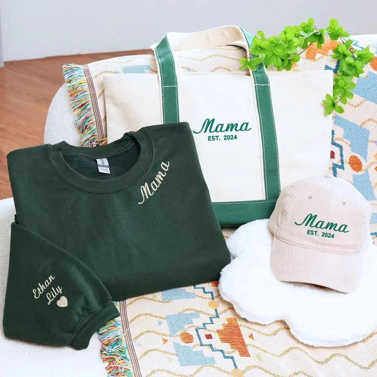 Embroidered Mama sweatshirt with matching hat and tote bag gift set for moms