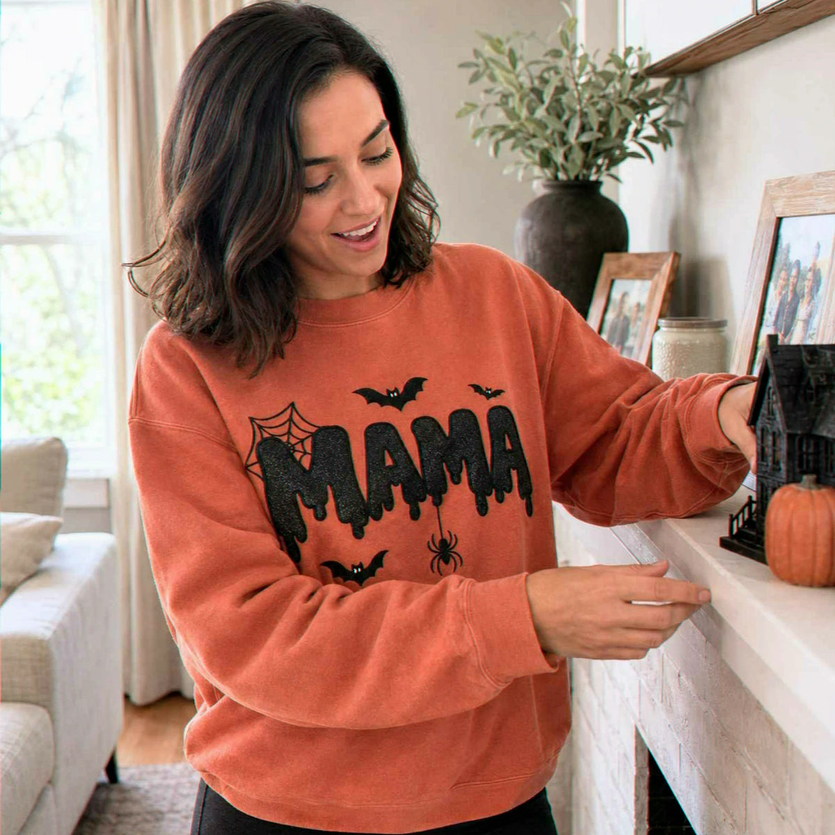 Mama Halloween Glitter Sweatshirt, Embroidered Spooky Mama Halloween Crewneck, Autumn Gift