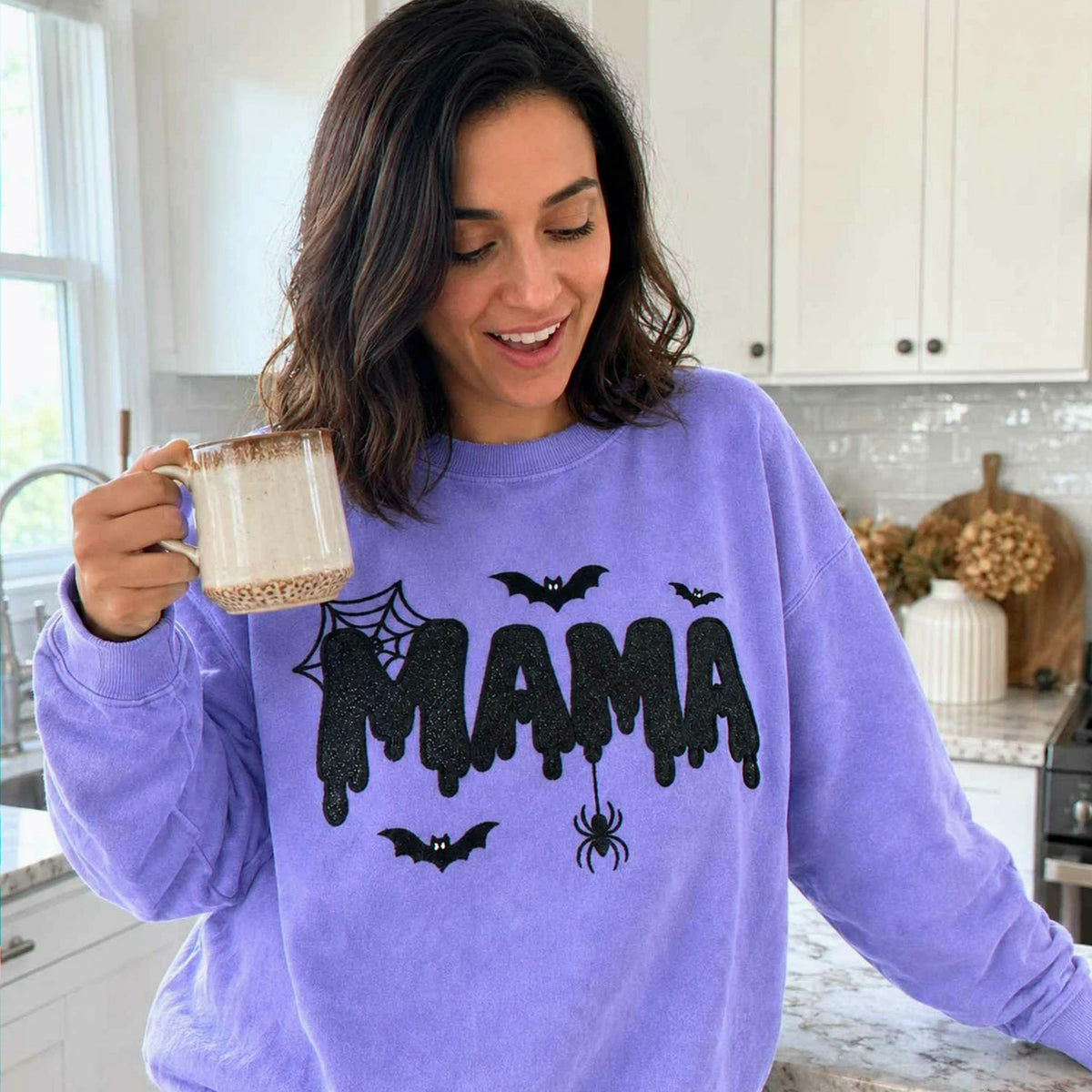 Mama Halloween Glitter Sweatshirt, Embroidered Spooky Mama Halloween Crewneck, Autumn Gift