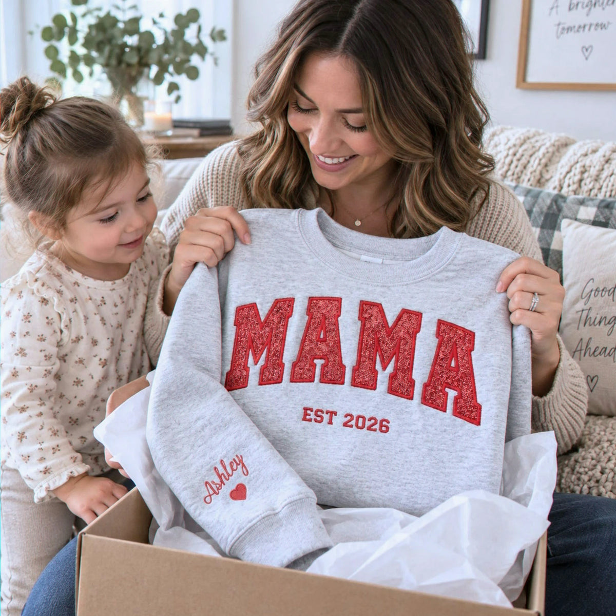 Custom Glitter Mama Sweatshirt, Embroidered Mom Applique Sweatshirt with Kids Name, Fall Mama Crewneck, Mom Gift