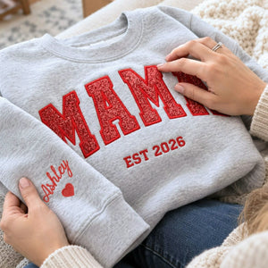 Custom Glitter Mama Sweatshirt, Embroidered Mom Applique Sweatshirt with Kids Name, Fall Mama Crewneck, Mom Gift